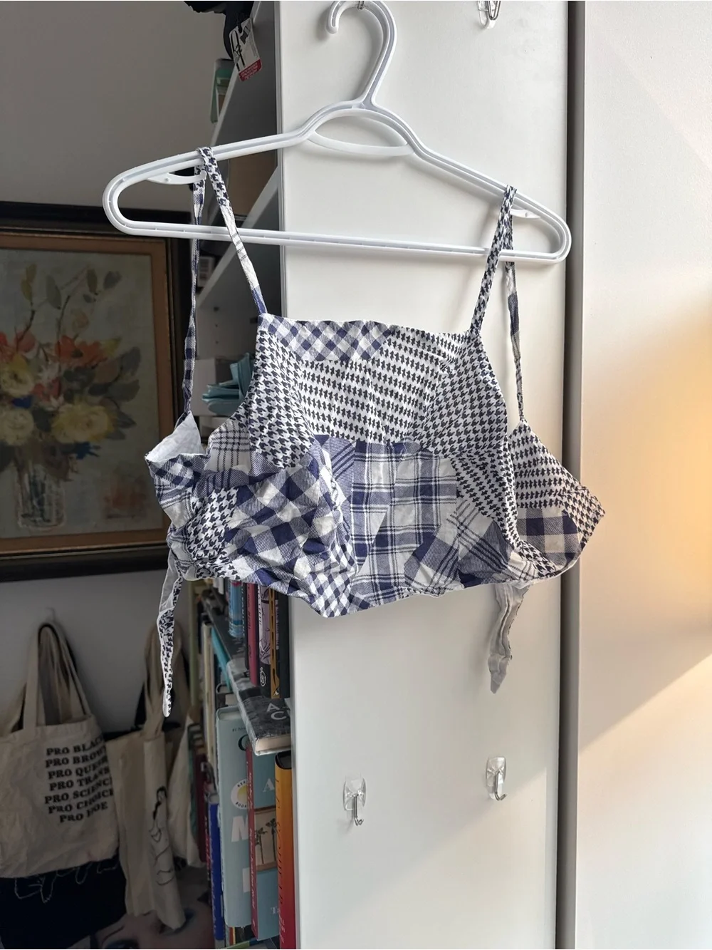 Blue Patchwork Ruffle Spaghetti-Strap Crop Top - Picture 1 of 3